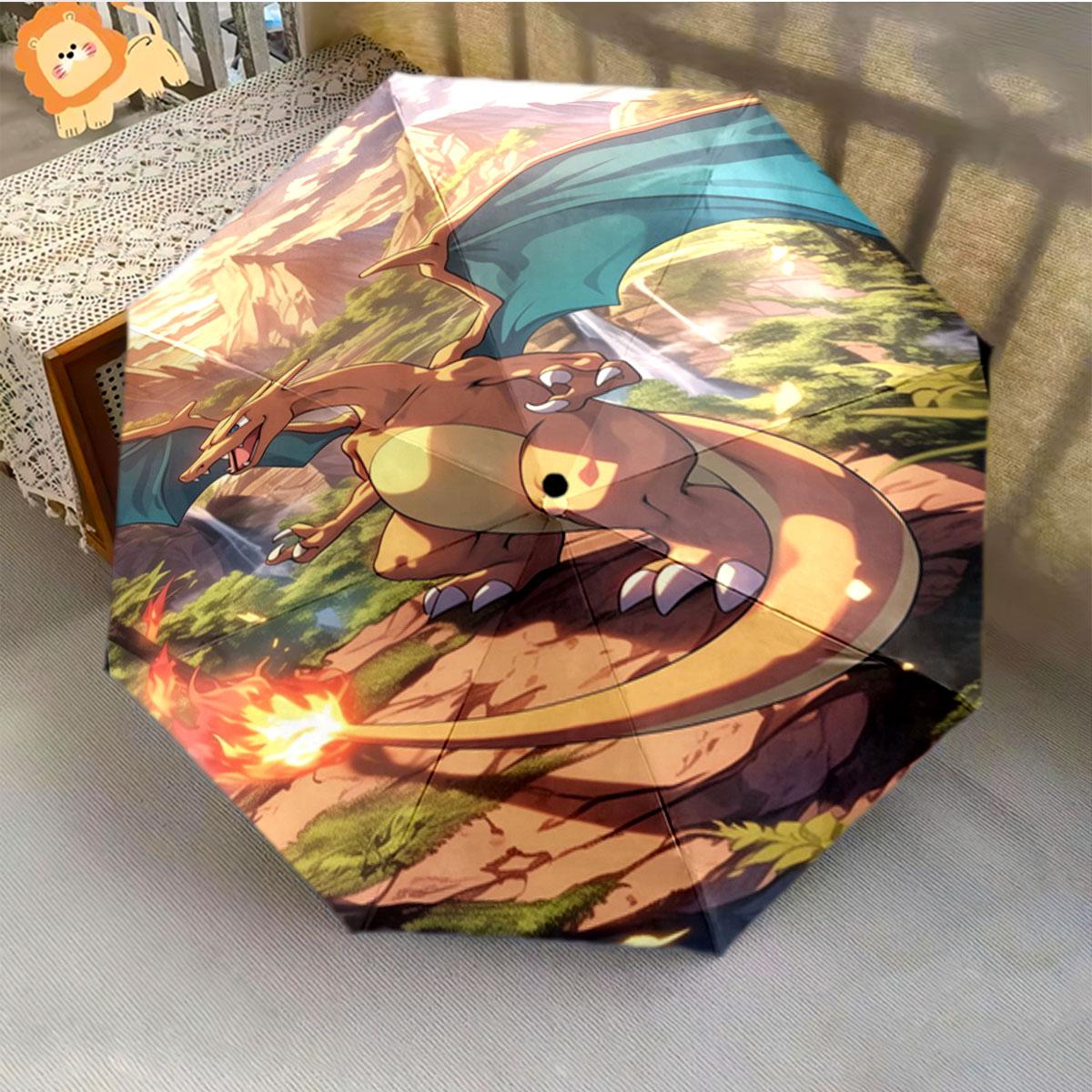 Pokemon Charizard Printed Umbrella Cool Fire Dragon Foldable Umbrella Windproof Anti UV Sun Rain Umbrella Outdoor Use