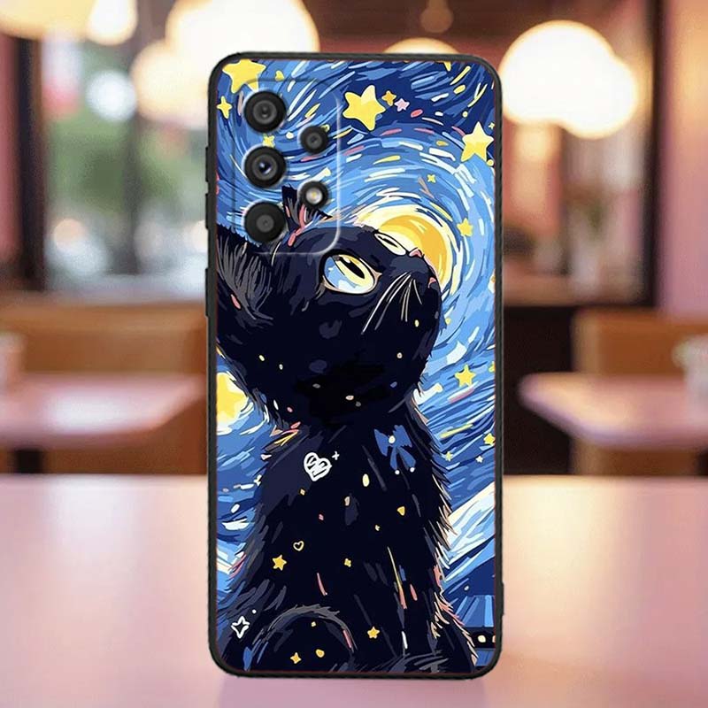 Cute Cartoon Cat Illustration For Samsung A41 A35 A34 A33 A32 A25 A24 A23 A21s A06 A05 A04 A03 Note 10 20 Ultra 5G Black Case