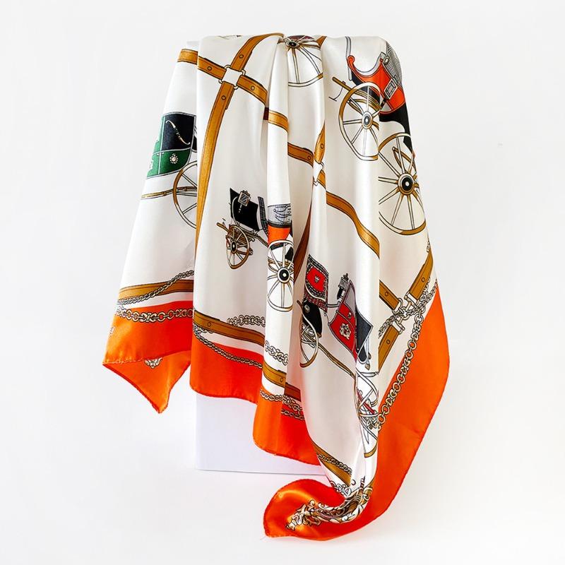 Versatile chain 90cm silk scarf square scarf high-end women's shawl retro printing satin bag headscarf