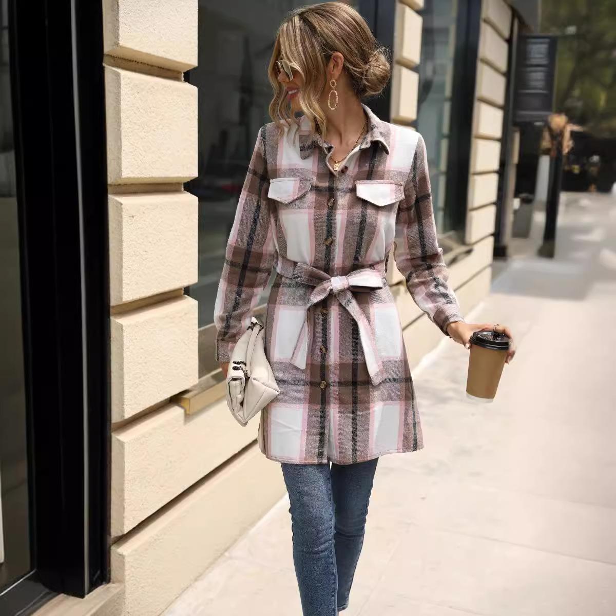 

Women s Checkered Button-Down Dress with Belt, Long Sleeve Knee-Length Plaid Shirt Dress, Casual Tunic Dress for Autumn XL