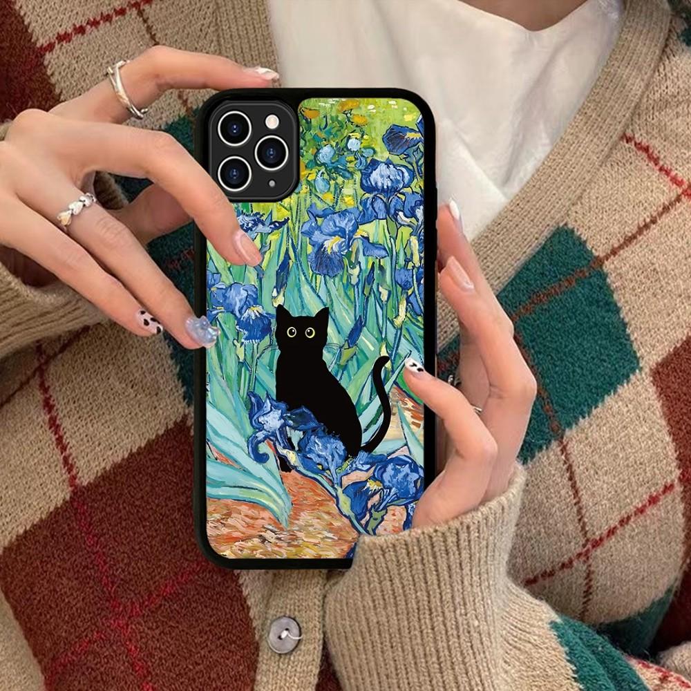 Cartoon Animal Black Cat Oil Painting Phone Case Silicone PC+TPU For For IPhone 11 12 13 14 15 16 Plus Pro Max Cover