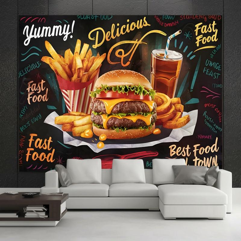 1 hamburger and French fries fast food themed banner designed as "Delicious! Delicious!" with multiple sizes to choose from