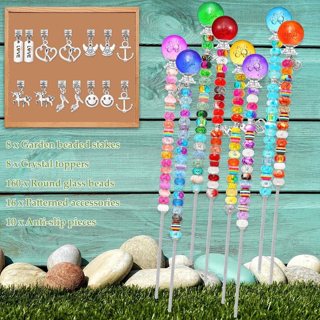 Chunful 176 Pcs Garden Stakes Fairy Wand Garden Stakes with Crystal Stopper Top Beaded Round Glass Bead Antique Silver Bail Beads with Pendant Silver