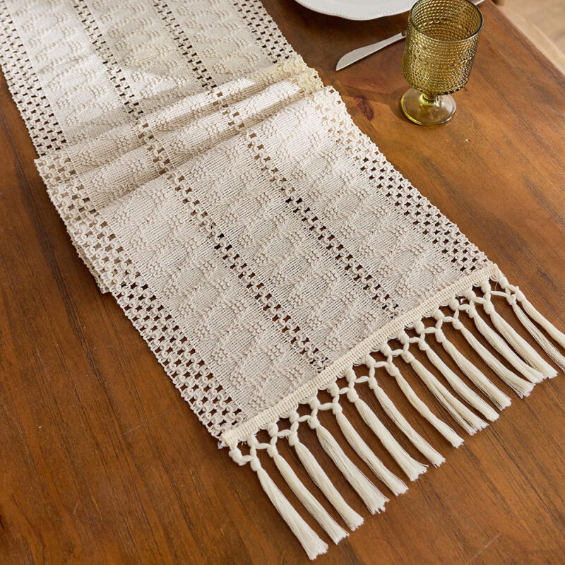 Scandinavian Style Linen Table Runner - Color Block Fringe Decor for Coffee Tables & TV Consoles