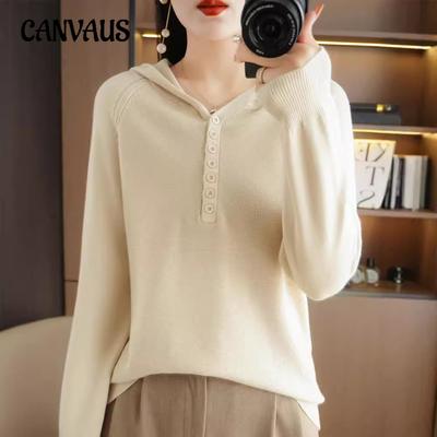 Autumn and Winter Knitted Hoodie Women's Sweater Half Tie Button Pullover Long Sleeve Solid Colour Casual Bottom Top