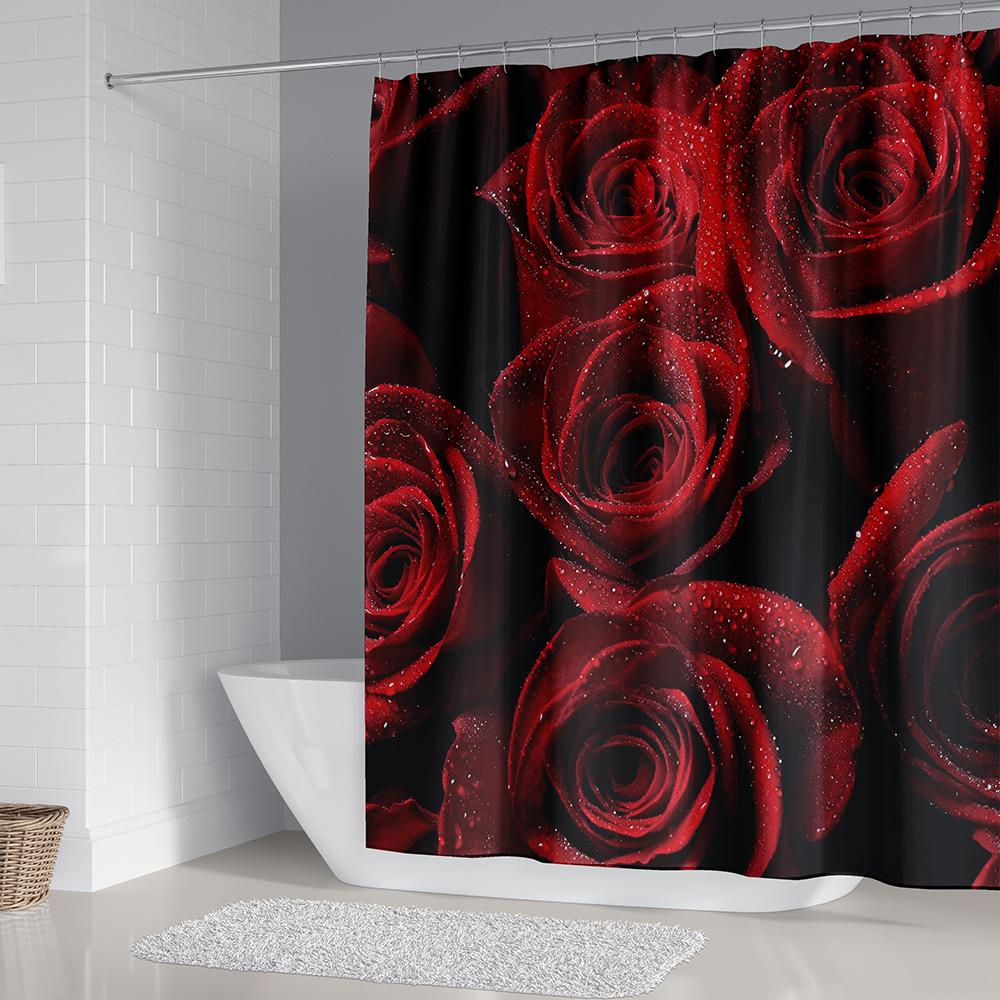Rose Shower Curtain, Red Flower Fabric Bathroom Curtains Set with Hooks Floral Bathroom Decor Polyester Machine Washable