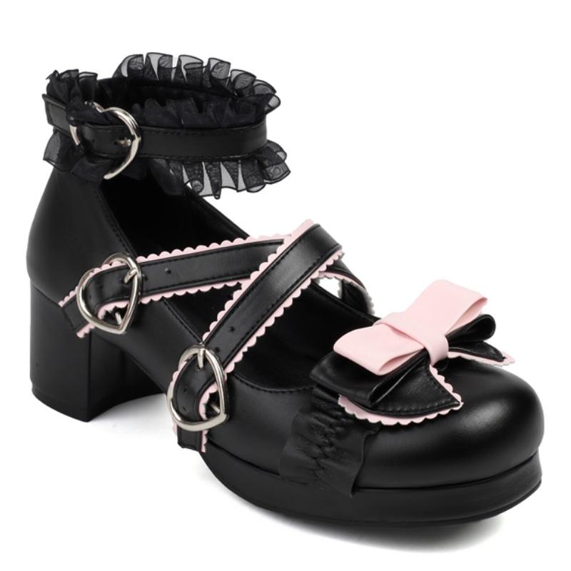 Sweet Bow Low Heels Women's Lolitas Shoes Spring Ankle Strap Red White Heeled Wedding Office Party Shoes Female Large Size 45