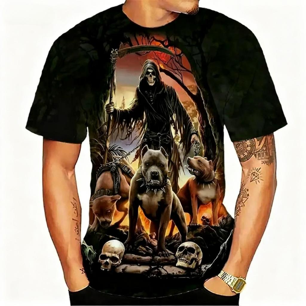 Summer Round Neck 3D Grim Reaper Skull Graphic Print Top Fashionable Casual Short Sleeved Men's T-shirts