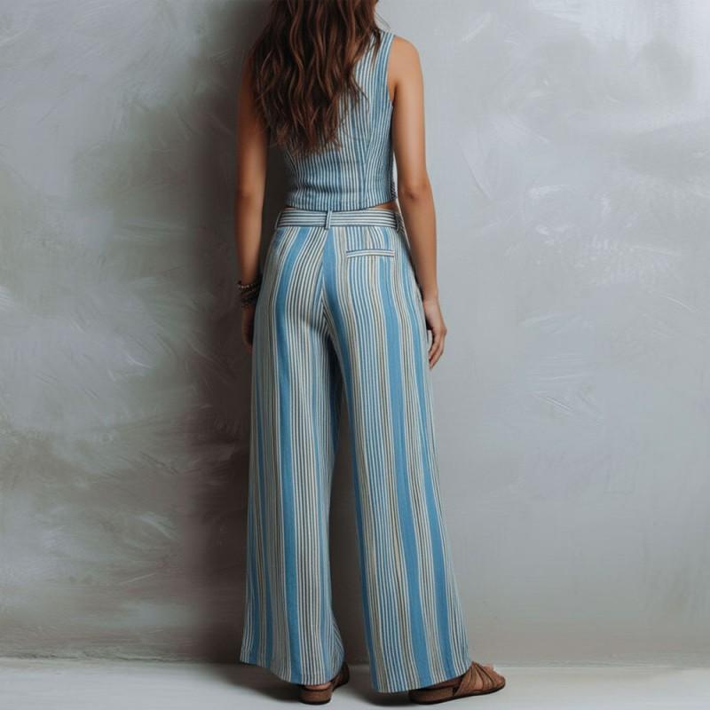 Conjunto Informal de Chaleco Azul Rayado de Moda y Pantalones de Pierna Ancha