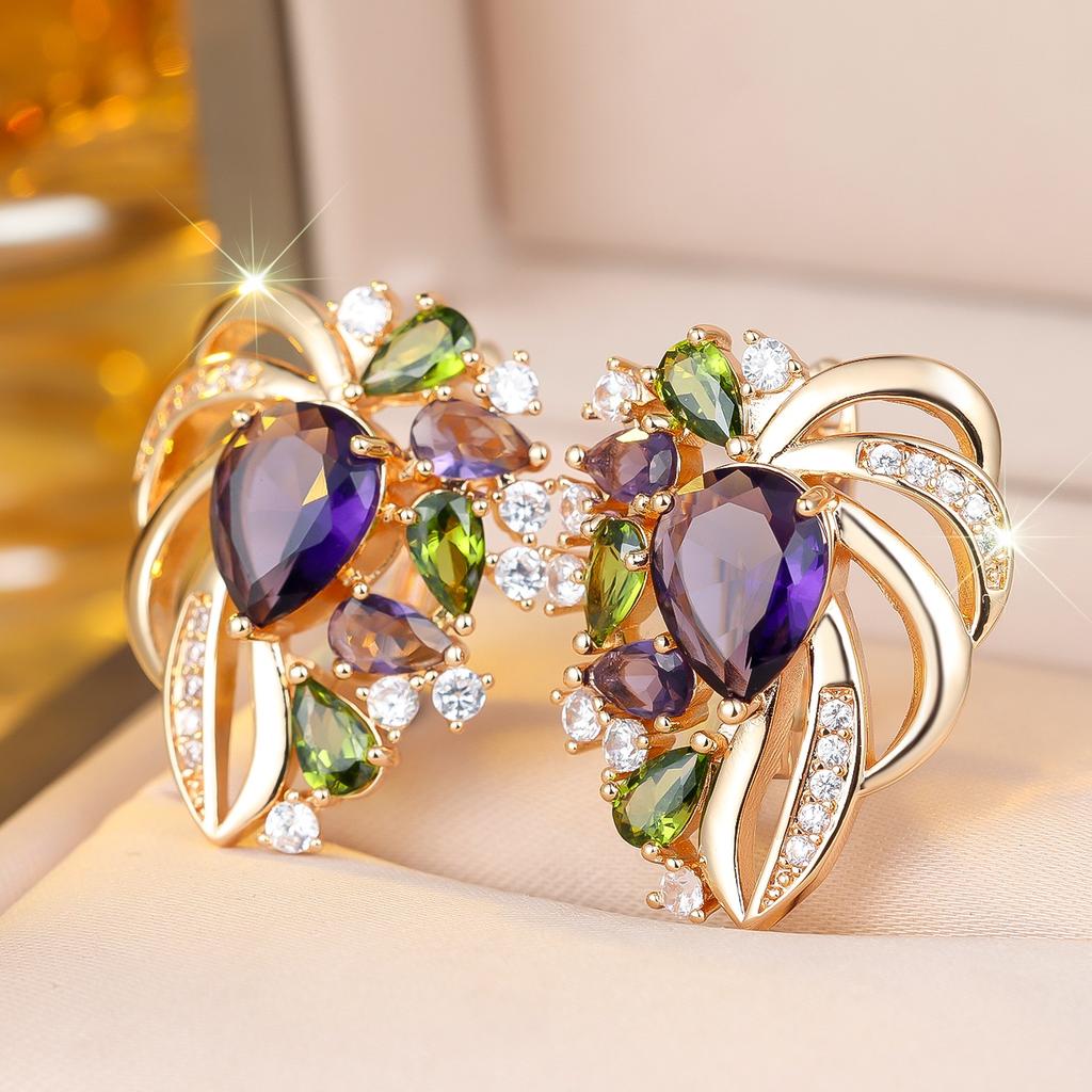 Rainbow Crystal Zircon Stone Heart Hoop Earrings For Women Vintage Gold Color Wedding Jewelry