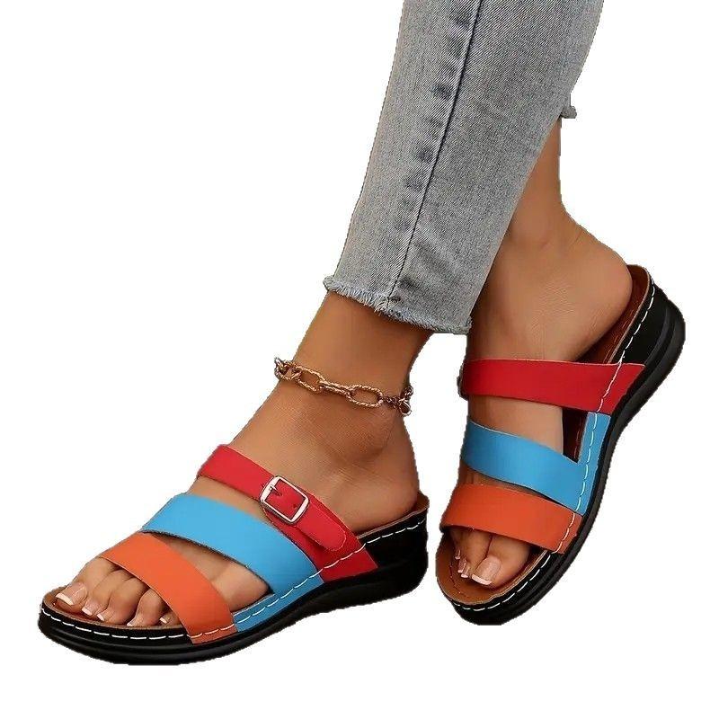 Large size wedge slippers women's new one-word drag fashion color matching belt buckle fish mouth cool slippers