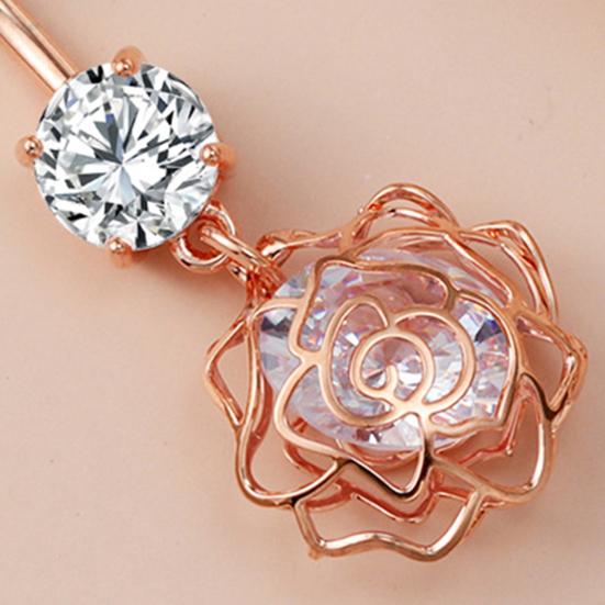 Belly Button Rings Stainless Steel Hollow Flower Dangle Body Piercing Jewelry Rhinestone Navel Ring for Women