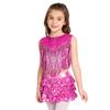 Girls 70s Disco Outfit Metallic Gloss Top Sequins Design Tassels Detail Ruffle Skirt Shorts Two Piece Set