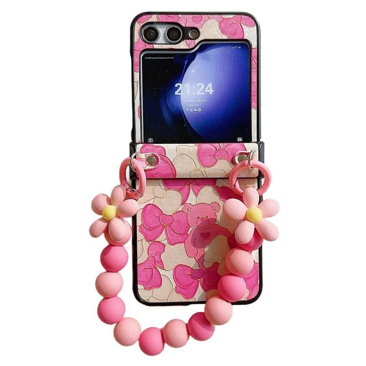 

For Samsung Galaxy Z Flip5 5G Case Hinge Design Lacquered Pattern PU Leather+PC Phone Cover with Bead Chain - Pink Bow