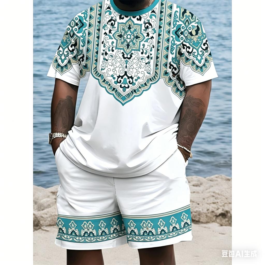Men's Plus Size 3D Digital Print Short Sleeve Shorts Set, Ethnic Style, PLUS SIZE