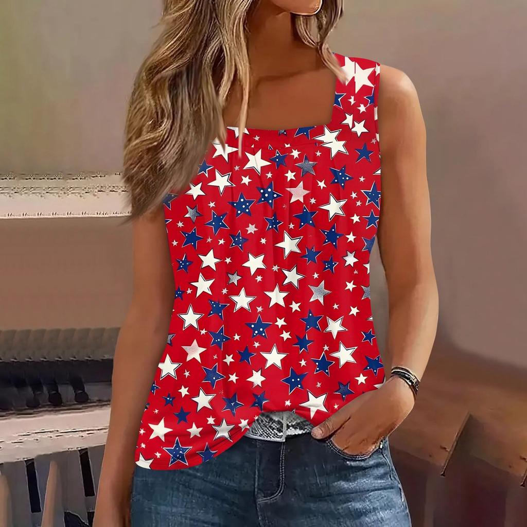 Square Collar Tank Top Women Print Tank Tee Casual Loose Fit Sleeveless Shirt