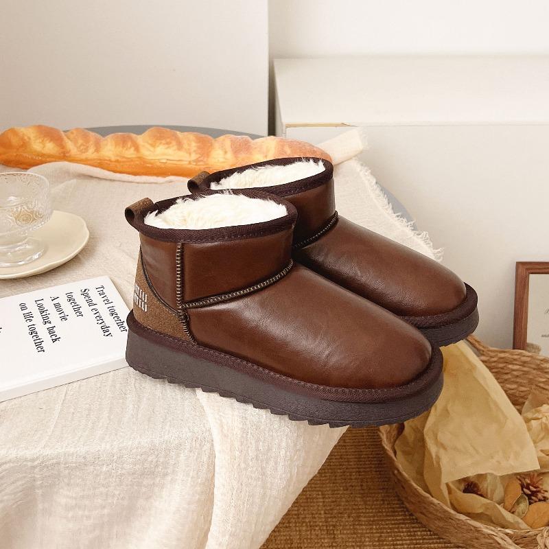 Snow boots women's short leather surface non-slip new velvet thickened thermal shoes non-slip snow platform shoes cotton shoes