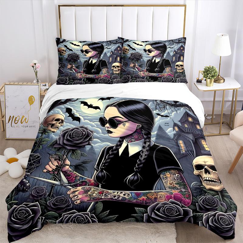 3pcs Addams Dark Rose Printed Bedding Set, Soft and Comfortable Quilt Cover for Bedroom, Guest Room H001