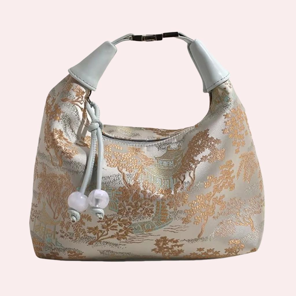 Women Soft Nylon Crossbody Bag with Pearl Pendant Casual Sling Bag Adjustable Strap Stylish Handbag Travel Shopping Work Bag