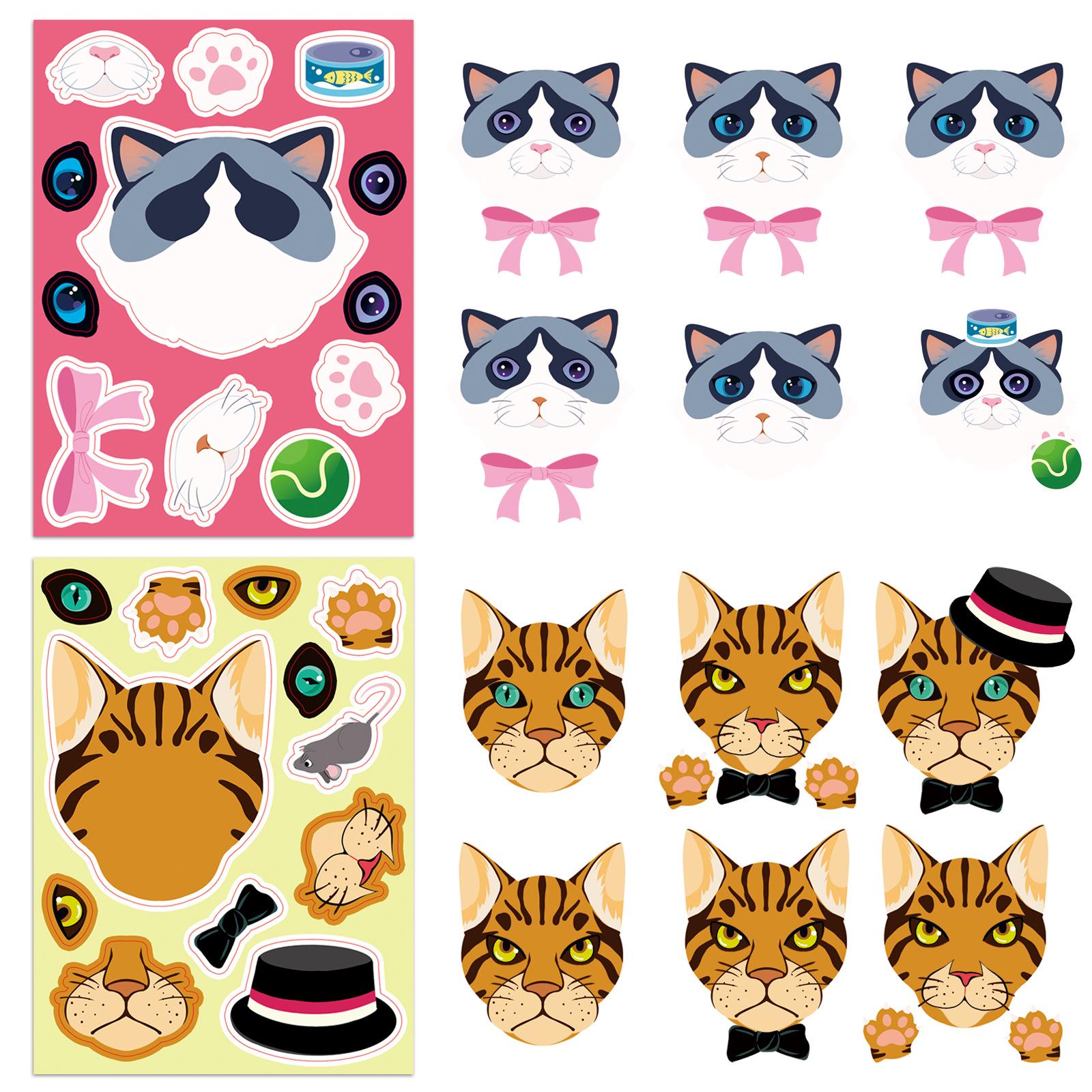 8-Pack Cat Face Swap Stickers for Parent-Child Interactive DIY Cartoon Animal Journals