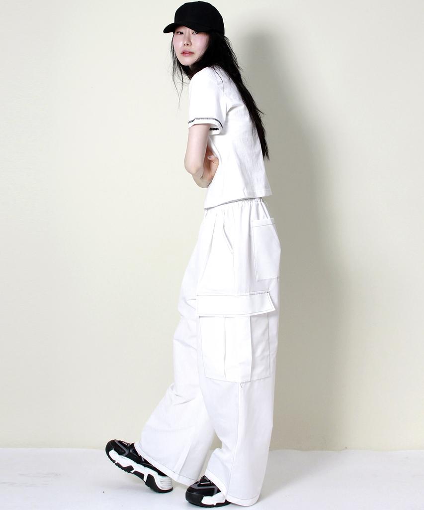 Deumakeu Real Street Wide Contrast Stitch Cargo Track Pants White