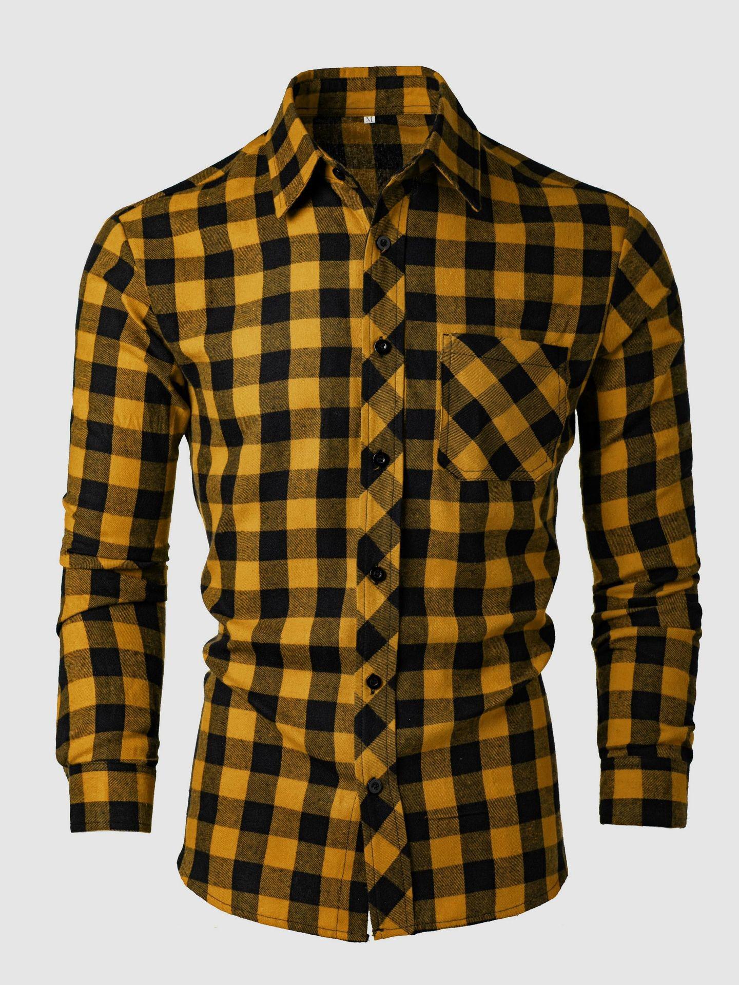 Men s British Style Slim Fit Plaid Long-Sleeve Casual Shirt M жёлтый