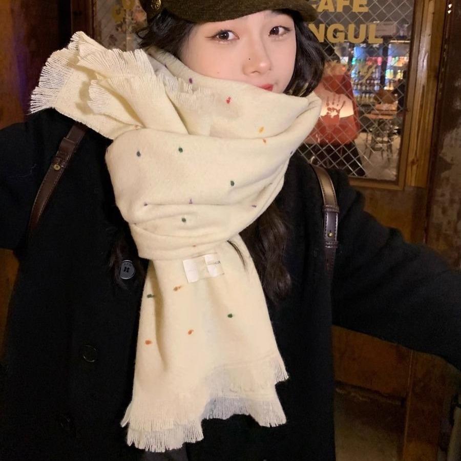 Starry White Scarf for Women in Autumn and Winter New Polka Dot Tassel Korean Style Shawl Dual Purpose High End Scarf