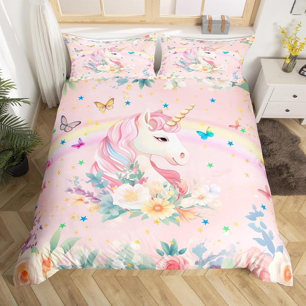 Children Kids Unicorn Soft Duvet Cover Single Quen King, Adorable Lovely Cat Carton Warm Comforter Cover featuring 2 Pilowcase Fish Scale Beding Set