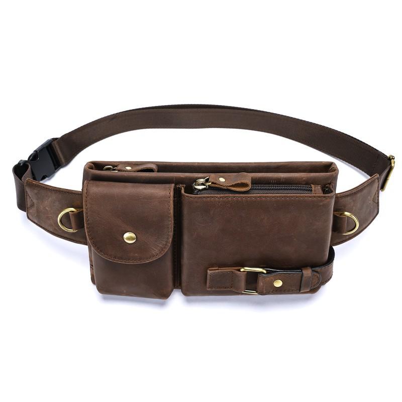 Crazy Horse Leather Retro Waist Bag Genuine Fashionable Men s Chest Multifunctional Outdoor Sports Mobile 24cmx4cmx14cm