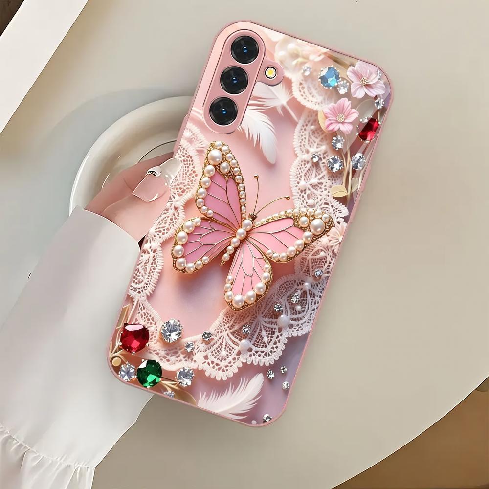 Pink 2D Butterfly Metallic Glass Phone Case Suitable for Samsung GalaxyS26 S25 S24 S22 S21 S20FE/Ultra/Plus Anti Drop Rear Cover