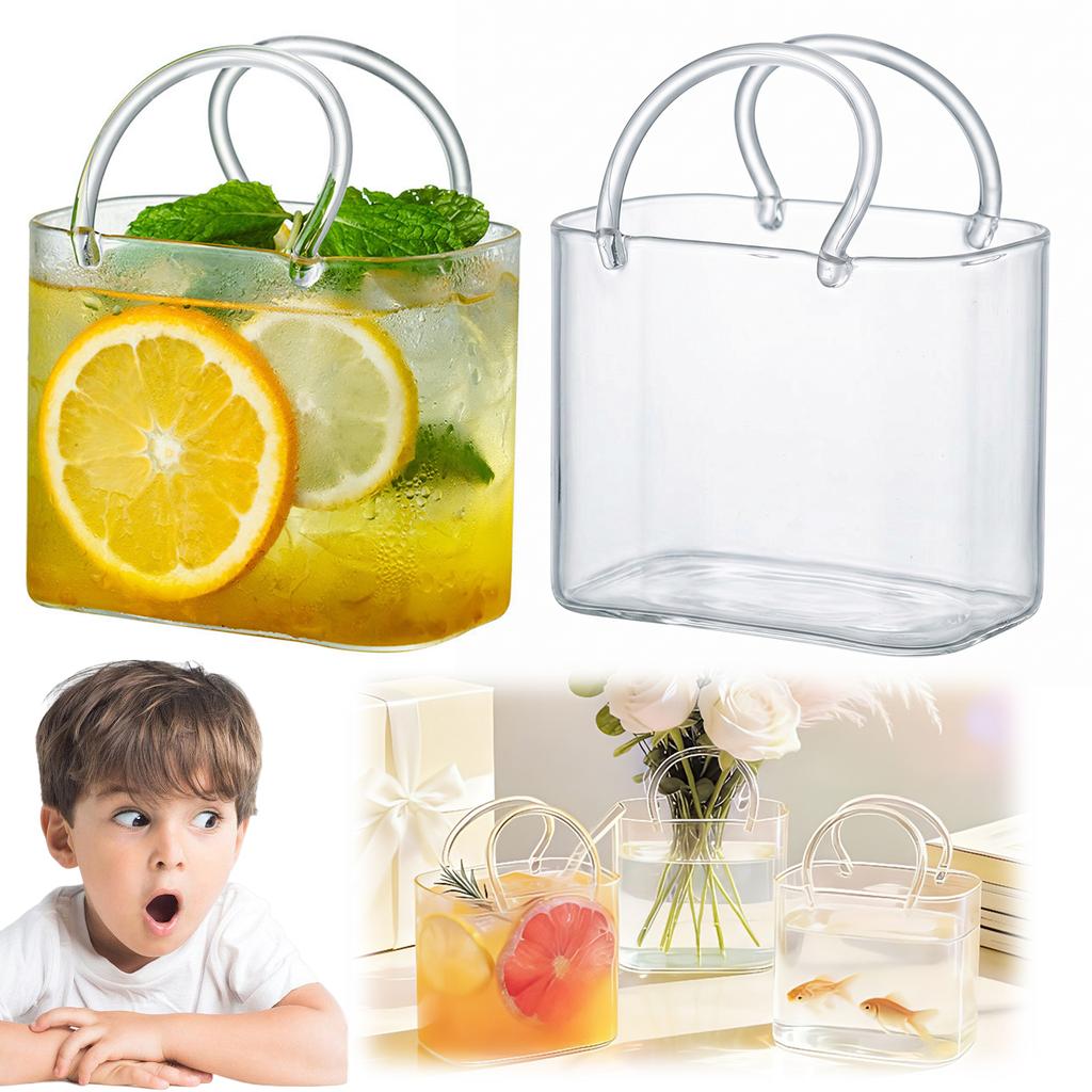 Glass Purse with Glass Straw Fish Tank Vase Creative Drinking Mug for Fruit Juice Tea Matcha Coffee Flowers