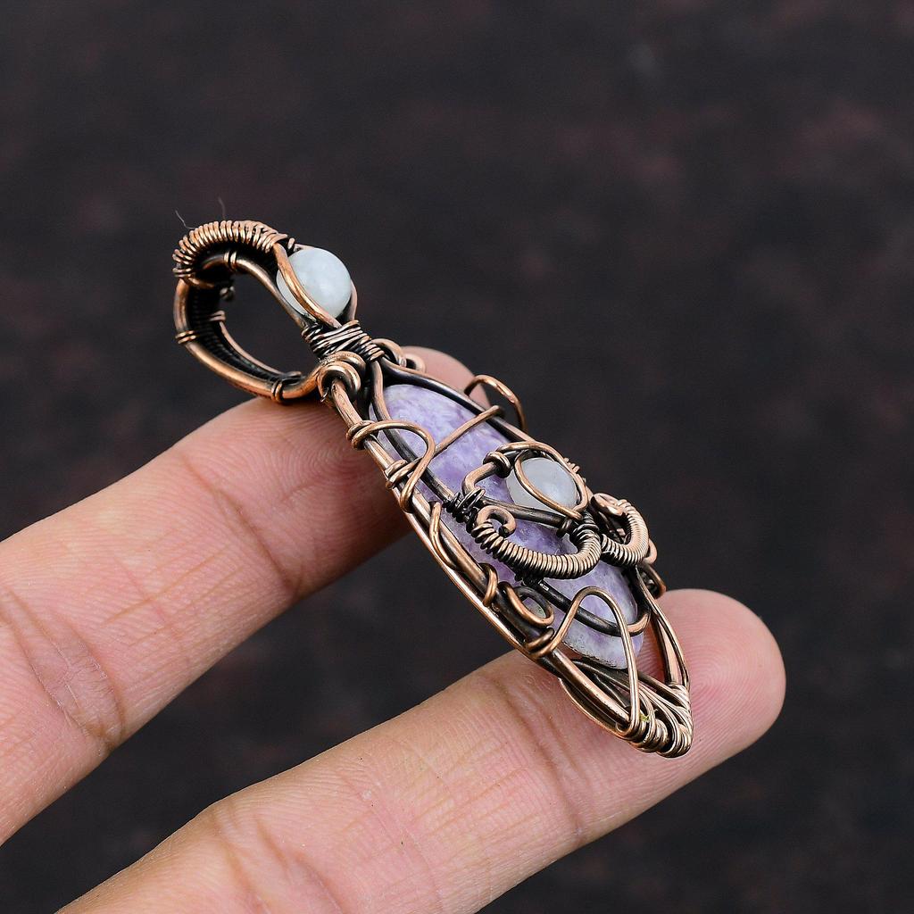 Evil Eye Lepidolite Pendant Copper Wire Wrapped Pendant Rainbow Moonstone Gemstone Pendant Gift For Her Copper Wire Jewelry Handmade Pendant