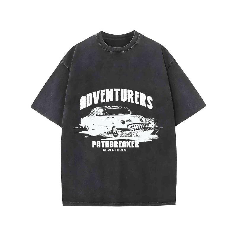 

Vintage Washed Graphic T - Shirt for Men Oversized Crew Neck Short Sleeve Adventurers Pathbreaker Retro Car Printed Top Casual Daily Wear S чёрный
