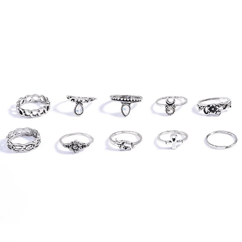 Retro Creative Fashion Gifts 10Pcs Set Gold Boho Fashion Arrow Moon Finger Knuckle Rings Jewelry Opal Ring Jewelry Accessories