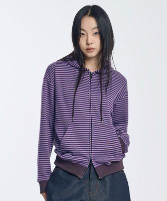 Slow Record House Striped Knit Zip-Up Hoodie_Purple