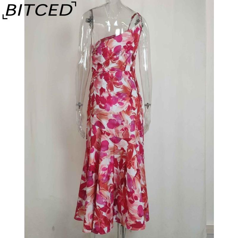 BITCED Women's Commuter Dress: Minimalist, Elegant, and Stylish with a Slanted Neckline, Straps, and a Fishtail Print