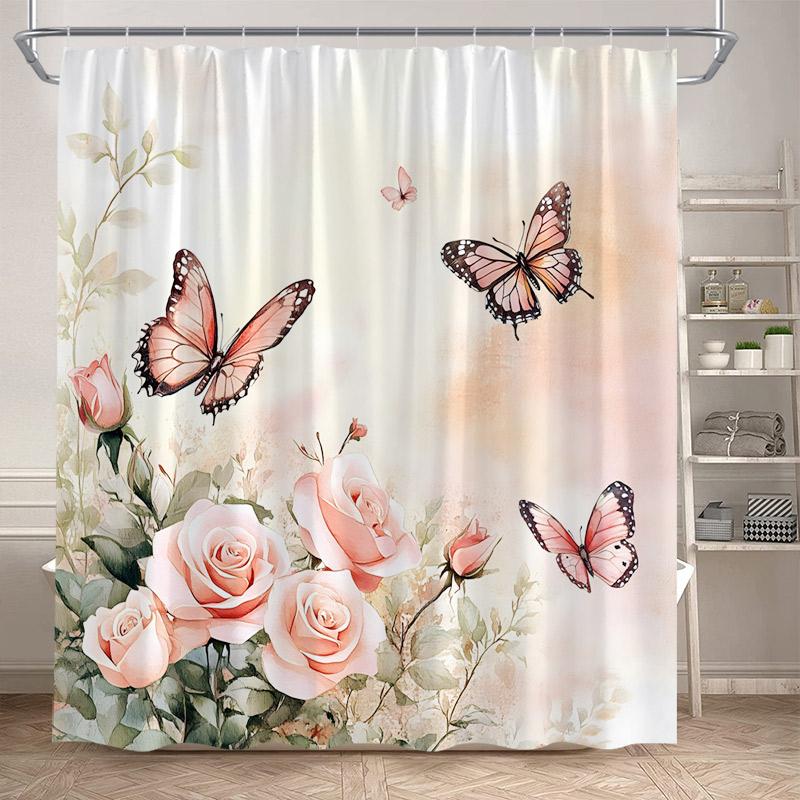 Rose Flowers Shower Curtains Pink White Floral Green Leaves Plant Valentine'S Day Bath Curtain Fabric Bathroom Decor With Hooks