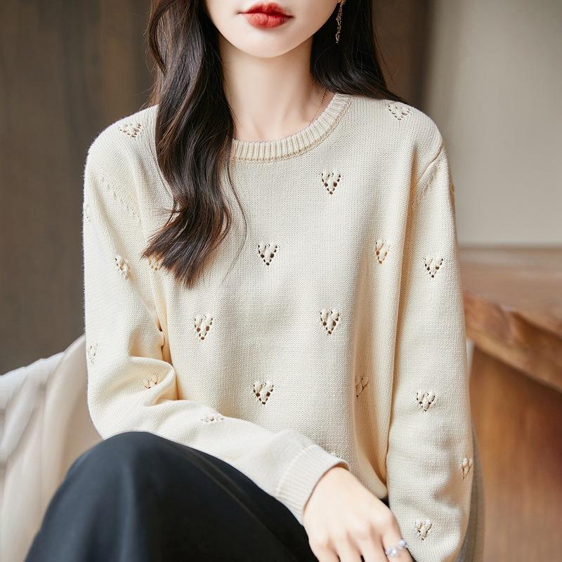 Neuer Herbst- und Winter-Rundhals-Strickpullover, Langärmliger gehäkelter Pullover mit Aushöhlungen, Basisschicht und Oberteil