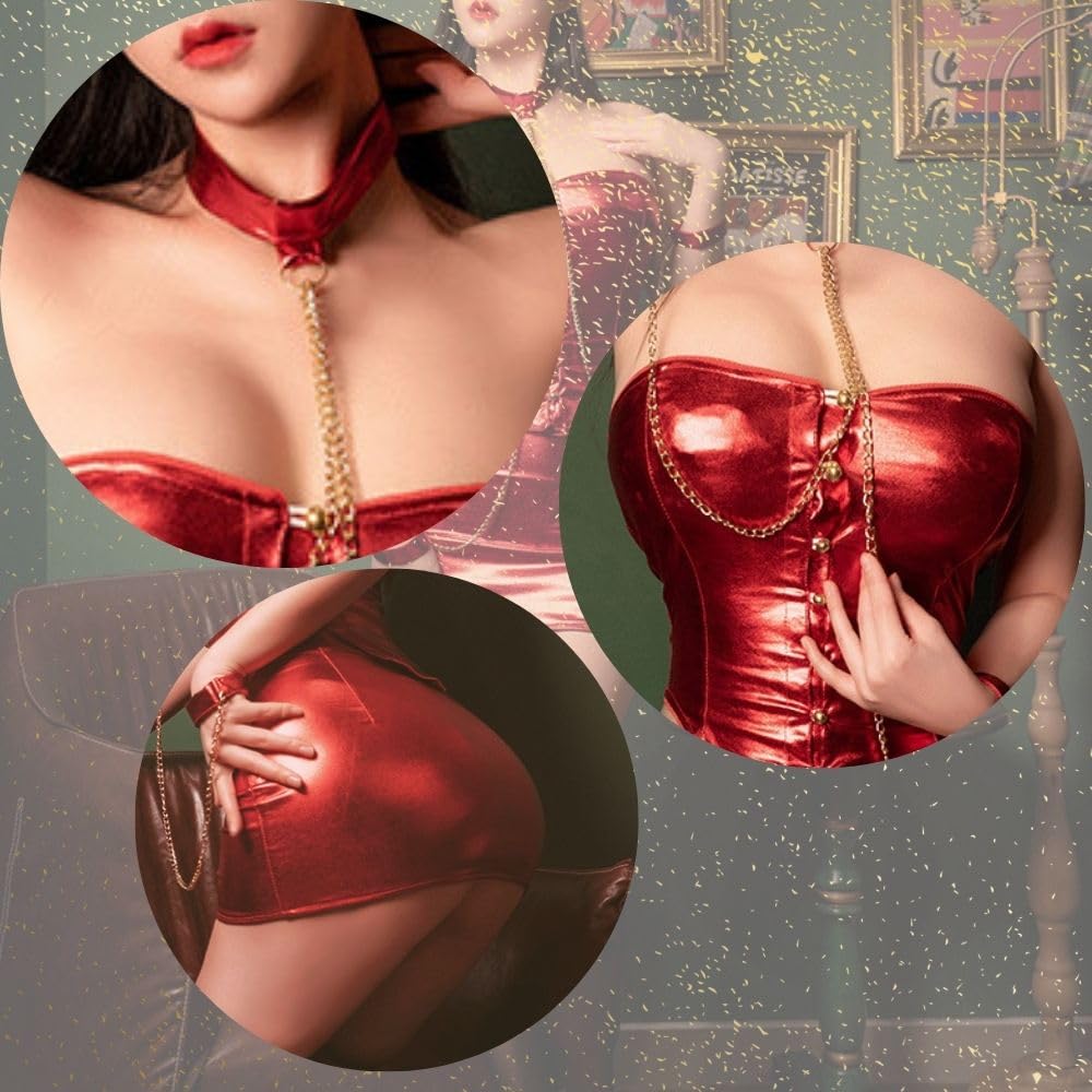 Queen Bondage Cosplay Sexy Costume 5 Piece Set SM Restraints Corset Mini Skirt Stockings Glossy Enamel Leather Style Red Red [MONEON] (Shining Red)