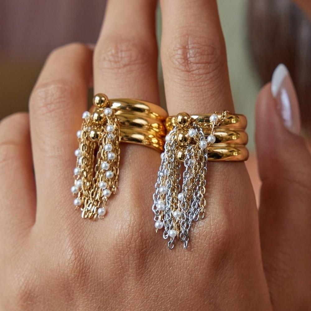 Three-Layer Tassel Ring Beaded Chain Open Finger Ring Gold Color Plated Ring Jewelry Accessories