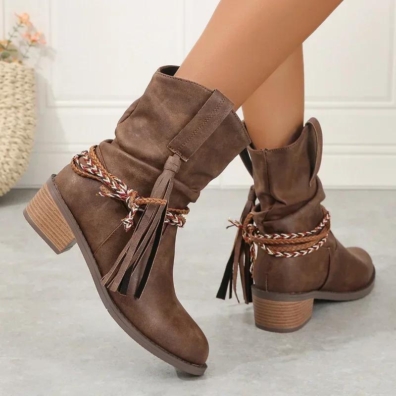 Frauen Plissee Chunky Stiefel Cowboy Mid Heels Chelsea Stiefel Herbst Winter Vintage Spitz Punk Chunky Motorrad Stiefeletten Boots55