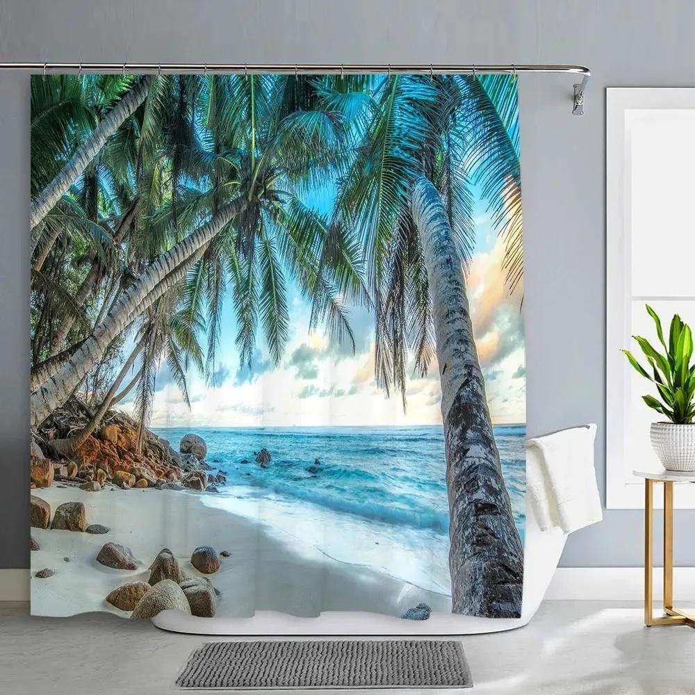 1PC Green Tropical Plants Shower Curtains for Bathroom Polyester Seaworld Shower Curtain Printing Curtain Beach Shower Curtains