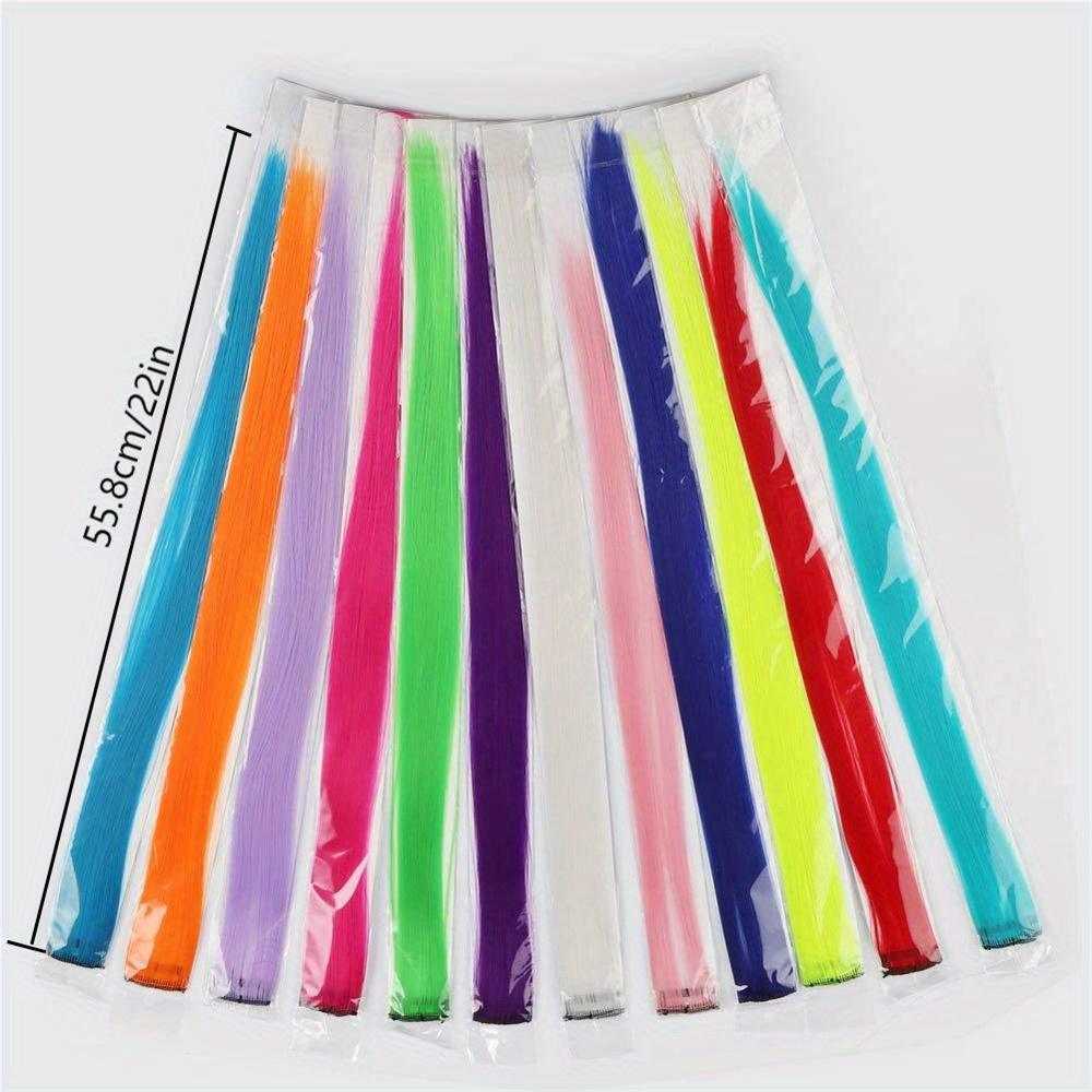12pcs/pack Rainbow Colored 22 Inch Clip-in Hair Extensions Long Straight Synthetic Hairpieces for Women Girls Party Highlights
