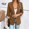 3/4 Sleeve Women Blazer Lapel Collar Blazer, Open Front Business Comfortable with Pockets Casual Suit Jacket, Office Work Short Button Jacket