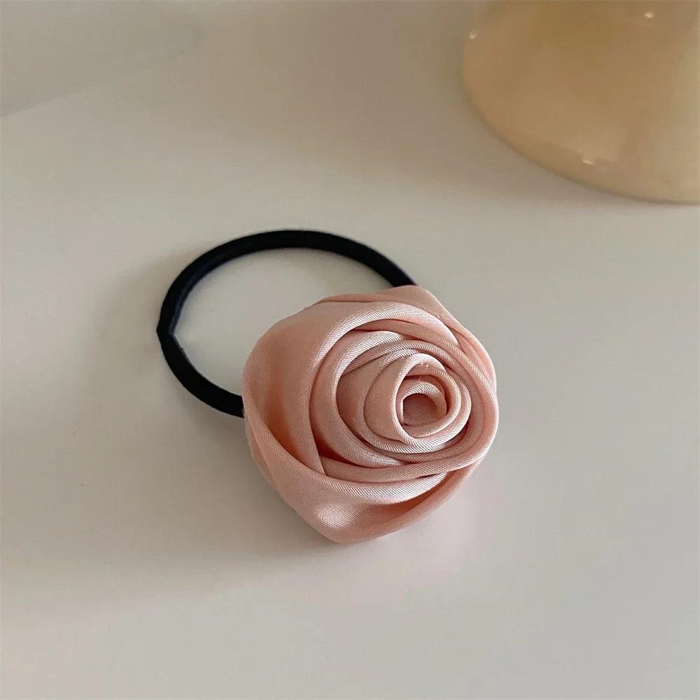 5 Colors Satin Hair Tie Rope Women Fashion Rose Flower Hair Rubber Bands Scrunchies Korean Elastic Hair Accessories Headwear