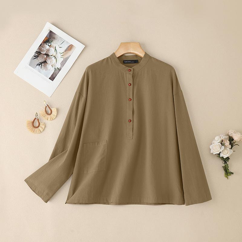 ZANZEA Women Casual Round Neck Solid Color Long Sleeve Cotton Blouse