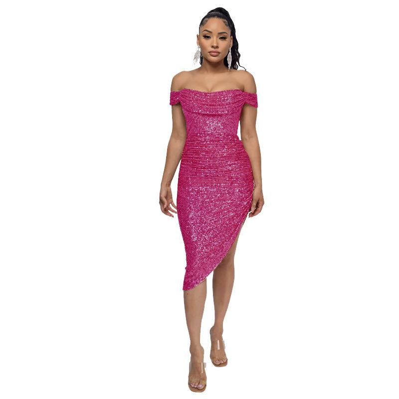 Women's Summer One-line Shoulder French Waist Dress Sequin Bag Hip Mid-length Dress
