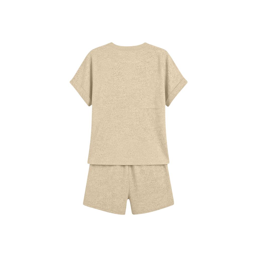 Women Casual Two Piece Lounge Set Short Sleeve Henley Neck Top with Button Detail and Drawstring Waist Shorts Relaxed Fit