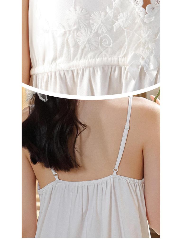 Women's Summer Cotton Lace Nightgown - Court Style Sexy Princess Pajamas with Embroidery and Chest Pad, Wearable Out or As Homewear.