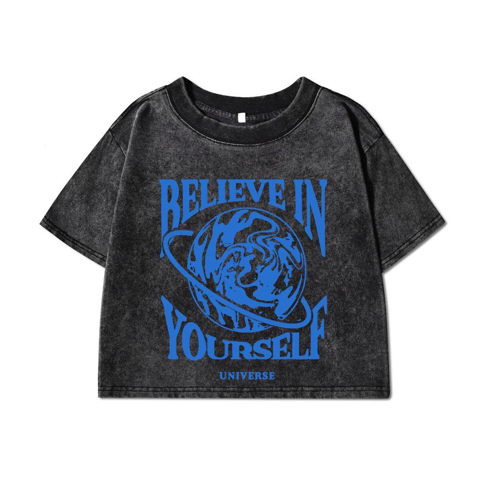 Dámská bavlněná crop trička s praným efektem Věř v sebe potisky topy distressed oversize krátký rukáv dámské oblečení